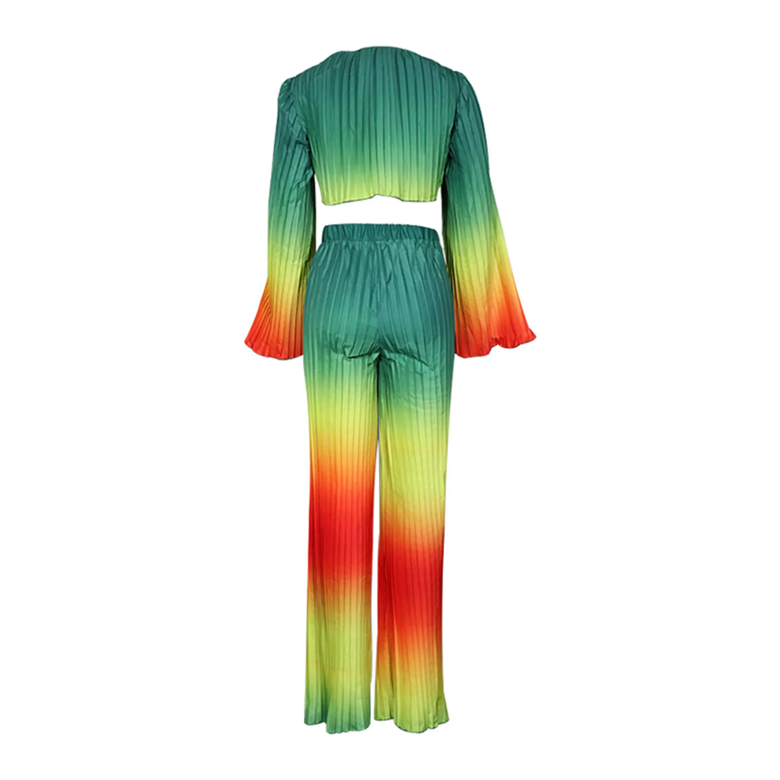 

2021 Women's Cropped To Pleated Pants Long Sleeve V-Collar Blouse Sports High Waist Loose Sliming Trousers Clothes Set