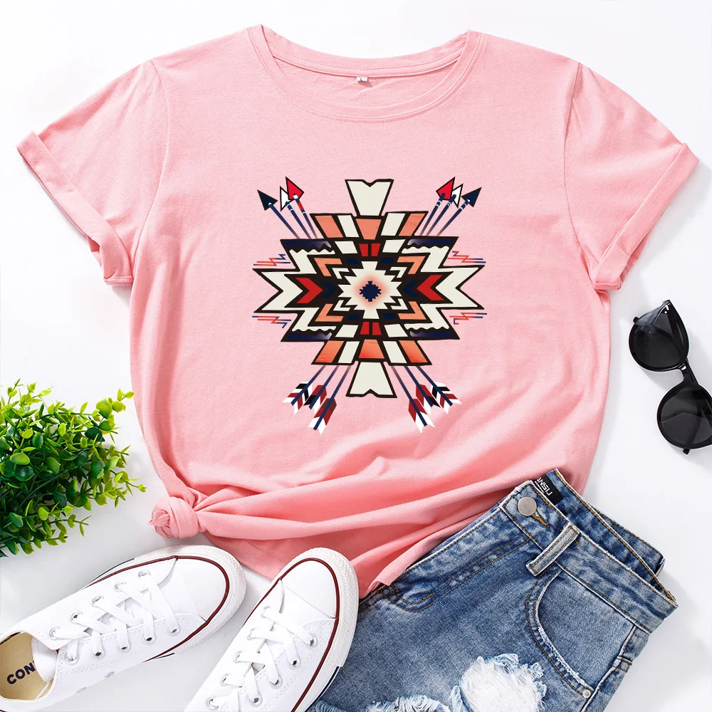 

Women's Graphic Tees Cotton Short Sleeve Crew Neck Loose T Shirt Plus Size Tops Female Summer Casual Clothes Arrow Pattern Shirt