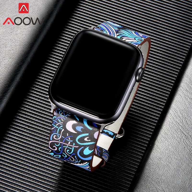 Кожаный ремешок для часов Apple Watch 38 мм 42 мм 40 мм 44 мм цветочный ремешок с цветочным принтом Национальный стиль браслет для iwatch 1 2 3 4