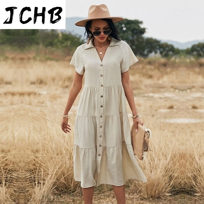 

Women Dress 2021 Elegant Single Breasted Short Sleeve Loose Summer Dress Casual High Waist V Neck Ladies Holiday A Line Dresses