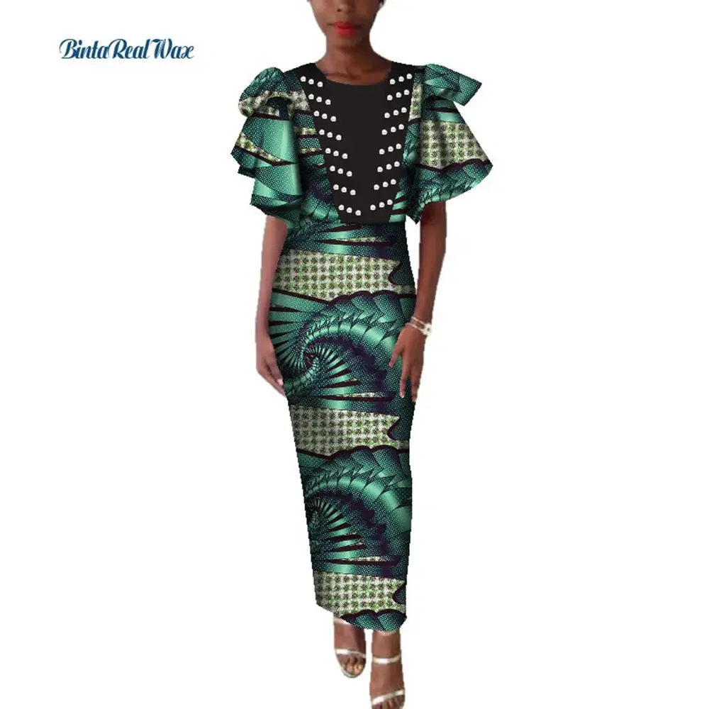 

Африканские платья для женщин базин богатый жемчуг Анкара Принт пэчворк длинные прямые платья Дашики африканский дизайн одежда WY3581