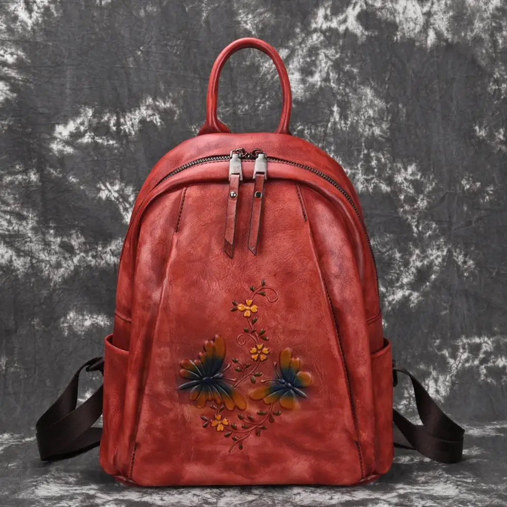 

Female Vintage Large Capacity Backpack 2022 Winter Genuine Leather Embossing Women Bag Leisure Nature Soft Cowhide Travel Bags