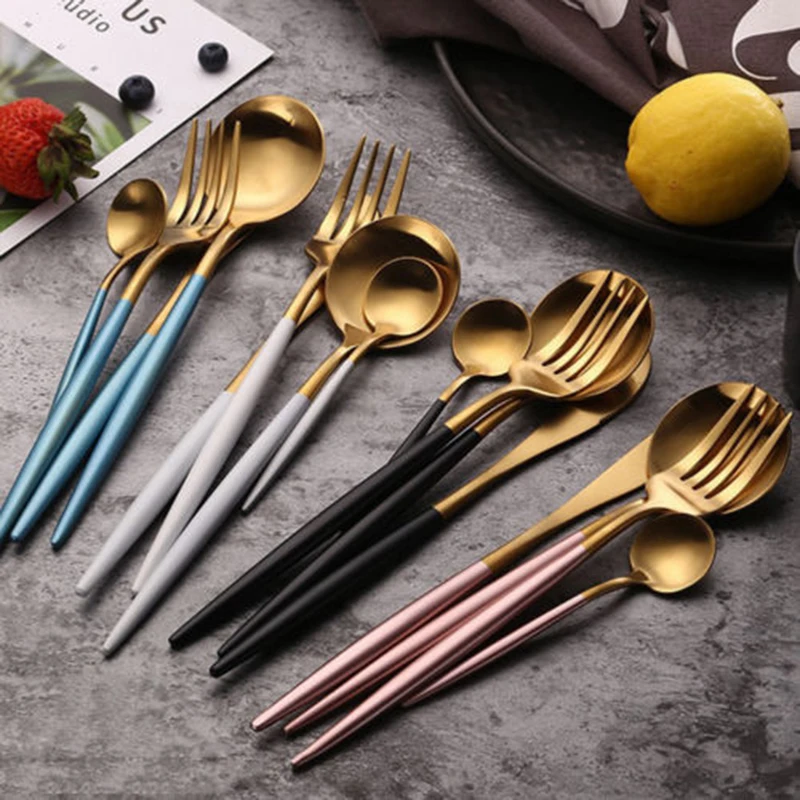 

4Pcs Stainless Steel Cutlery Set Kitchen Cutting Tool Fashion Portable Fork Spoon Teaspoon Kit Eco-friendly Outdoor Tableware
