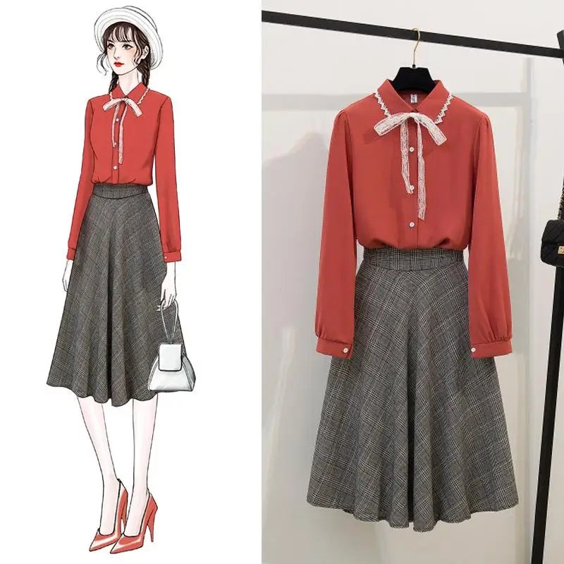 Женский костюм двойка из шифоновой рубашки и юбки в клетку|Спортивные костюмы| |