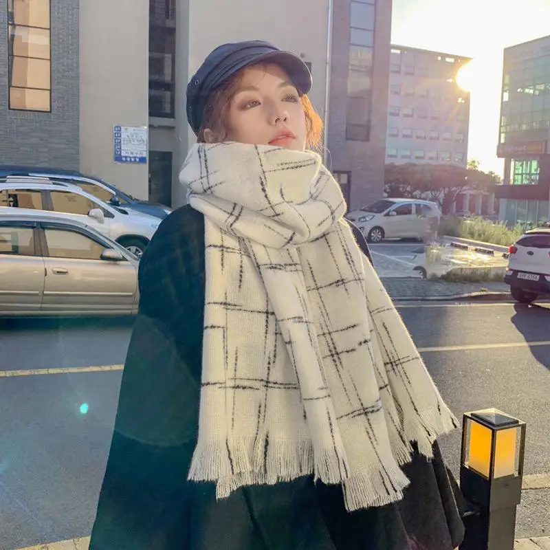 Han Edition Autumn Winter Scarf Female Japanese Ins Grid Amphibious Pallium Extended Warm Winter Thick Scarf