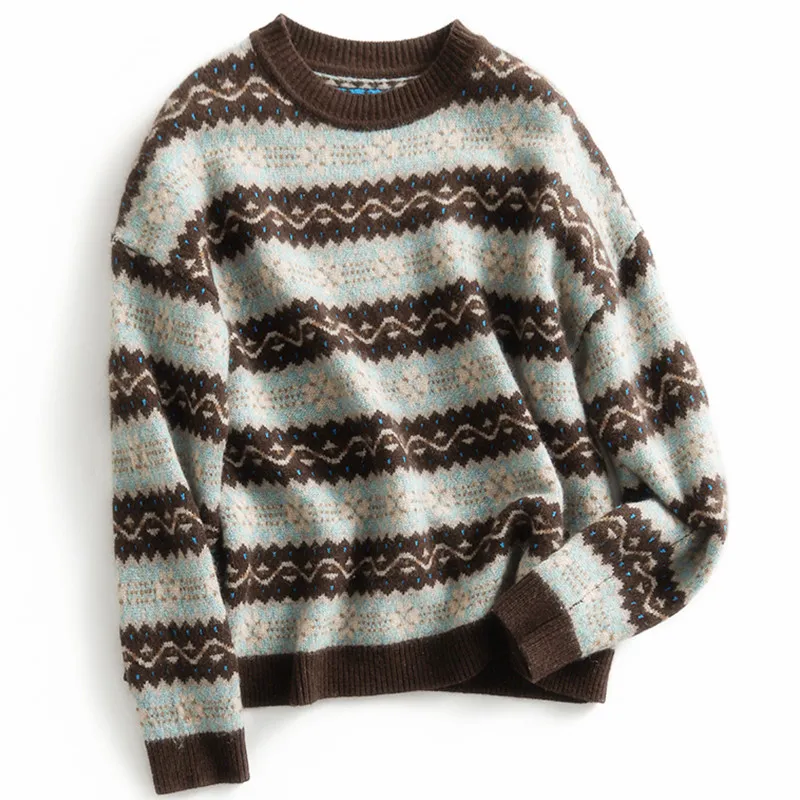 

JMJ Heavyweight Pure Cashmere Sweater Women's Retro Jacquard Crew Neck Knitted Loose Casual Versatile Lazy Thickened