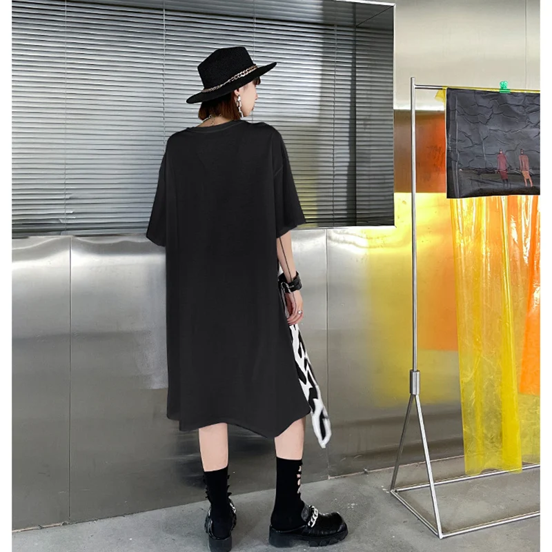 

2021 INS European Street Style Short Sleeve Dress Mujer Letter Print Patched Guaze Ruffles Ropa Mujer Asymmetrical Dress Women