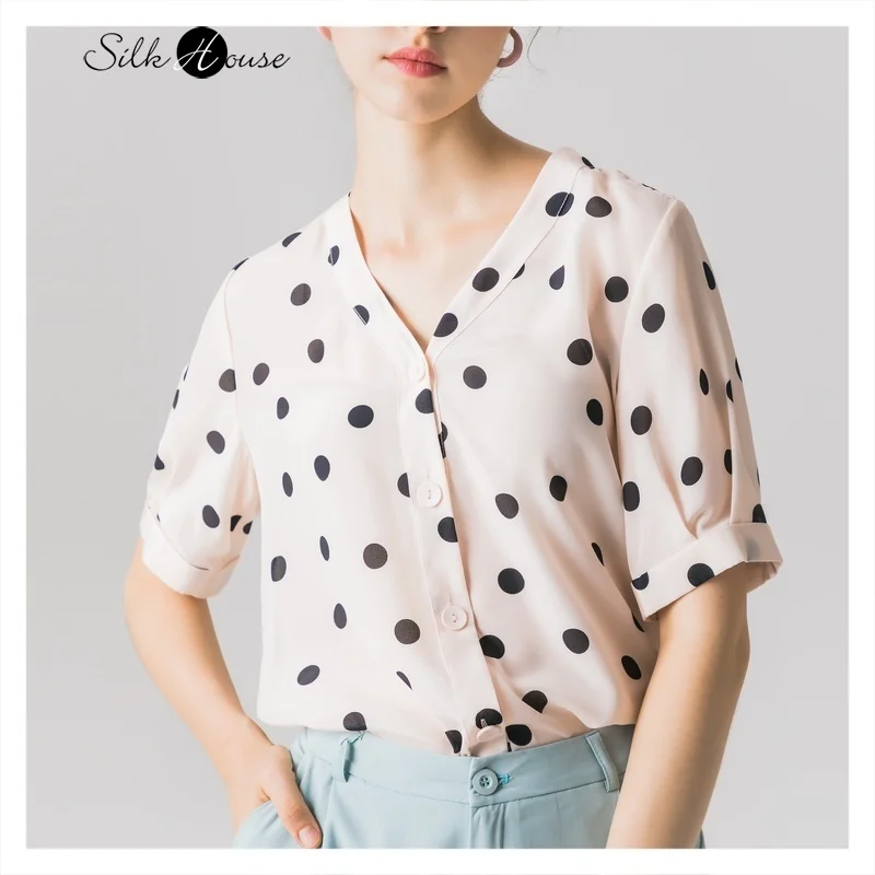 Шелковая рубашка в горошек женская из натурального шелка с v образным вырезом и