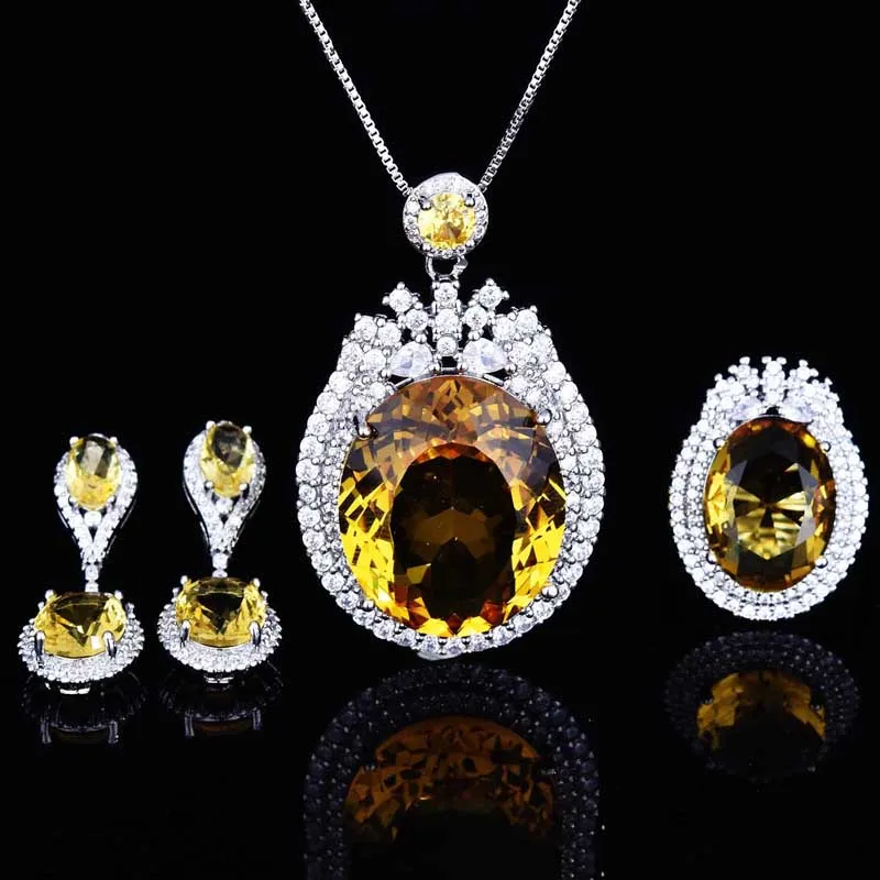 

New Fashion Geometry Pendant Necklace Exquisite Piercing Earrings Inlay Yellow AAA Cubic Zirconia For Women Wedding Eternal Ring