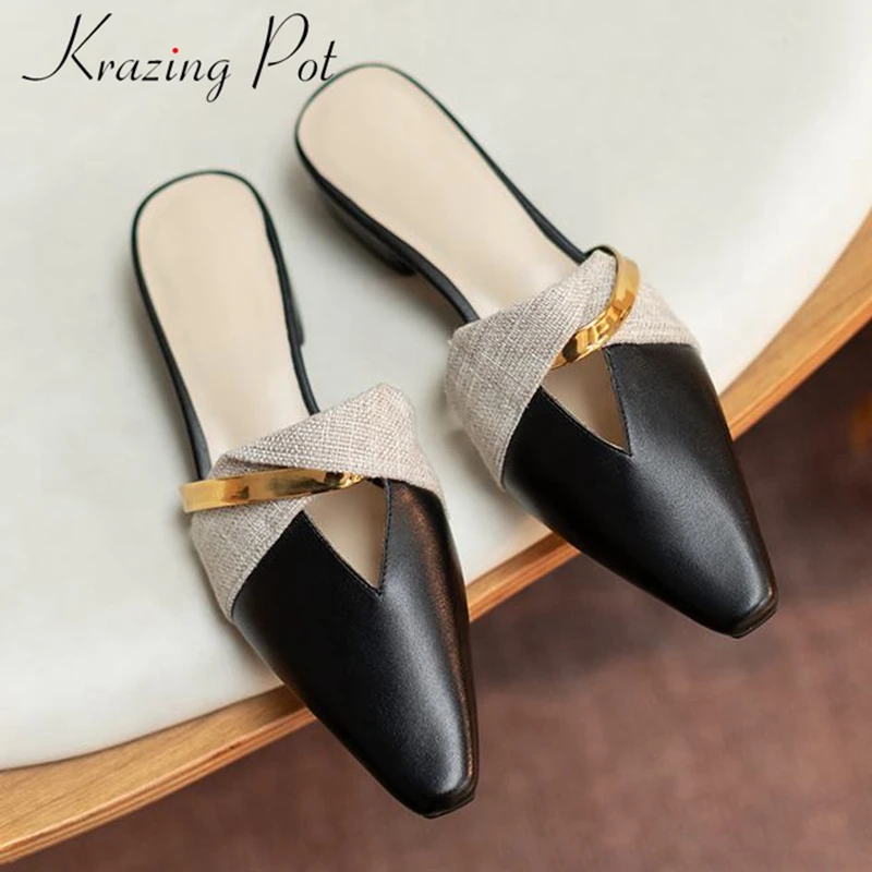 

Krazing pot summer 2021 genuine leather square toe mules metal decoration gentlewoman slip on outside slipper low heel shoes L67
