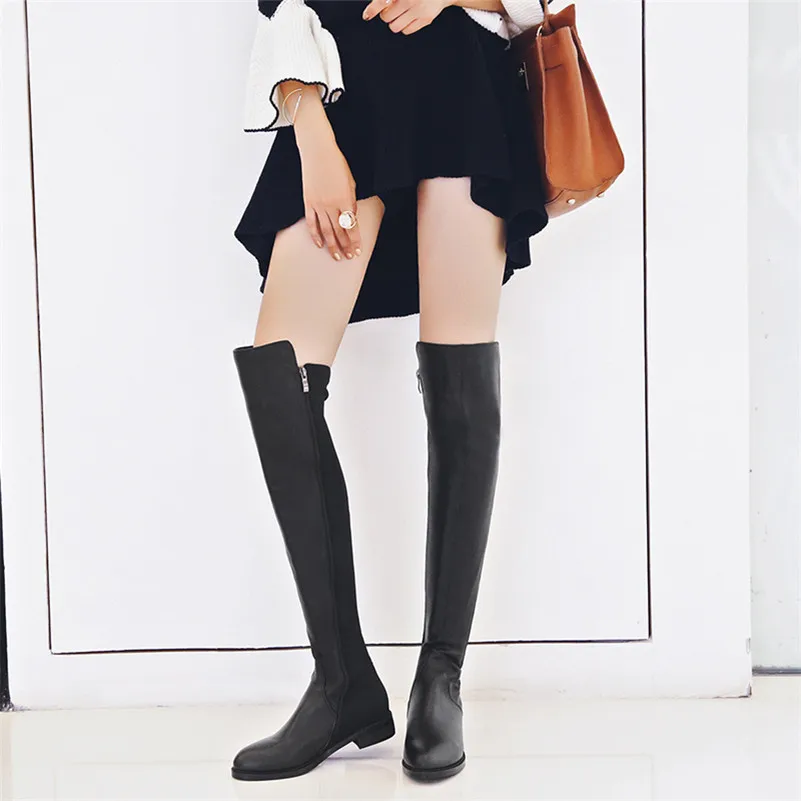 

Meotina Winter Thigh High Boots Women Natural Genuine Leather Thick Heel Over The Knee Boots Slim Stretch Zipper Shoes Ladies 39