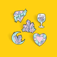 crystal cup enamel pin custom pink diamond moon heart brooch bag lapel pin badge gifts from friends accessories wholesale
