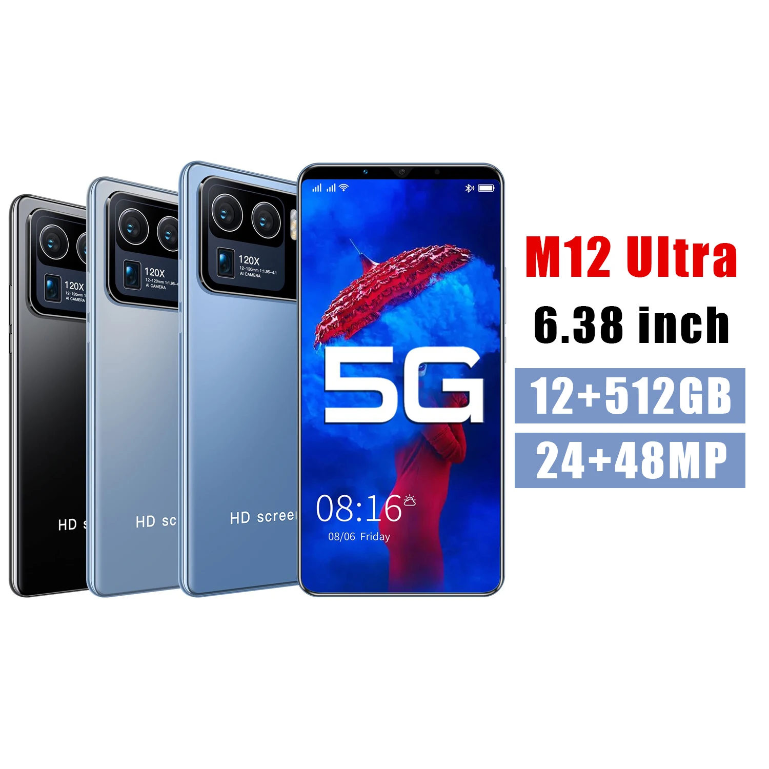 

2021 New M12 Uitra 6.38 Inch 12GB+512GB 24MP+48MP 1080*2320 MT6889 Smartphone 5G 10 Core 5000MAH Android 10.0 Finger ID Dual SIM