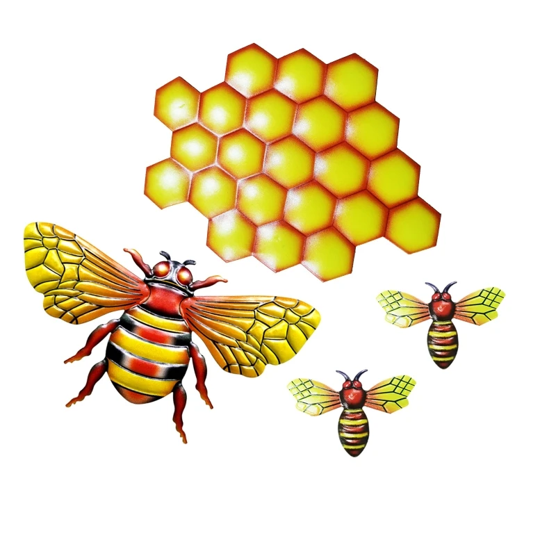 

Bee Honeycomb Bees Combination Ornament Set of 4 Wrought Iron Ornaments for Home Garden Outdoor Wall Decoration Hanging Crafts