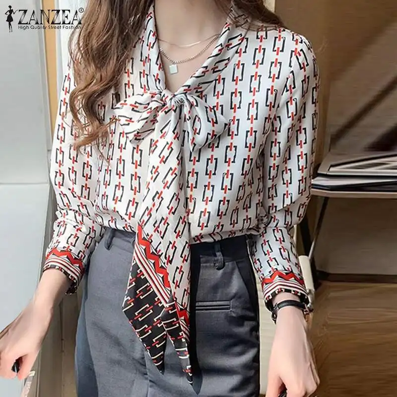 

Oversized Women Summer Blouses ZANZEA 2021 Fashion Printed Shirts Long Sleeve Blusas Female Geometric Bow Tunic Casual Tops