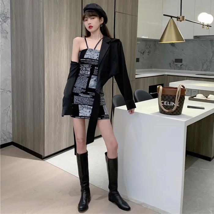 

Autumn Ocean Lapel Irregular Lace-up Shirt Printed Strap Hip Skirt Two-Piece Set for Women
