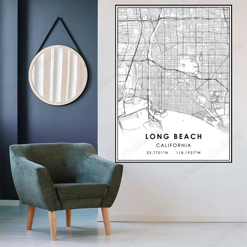 Черно-белая карта города Длинная пляжная Карта плакат HD печать настенное