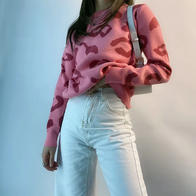 

2021 Women's Autumn New Fashion Casual Adults Long Sleeve Round Neck Knit Female Clothing(Pink) Sweater Leopard Print Pullover