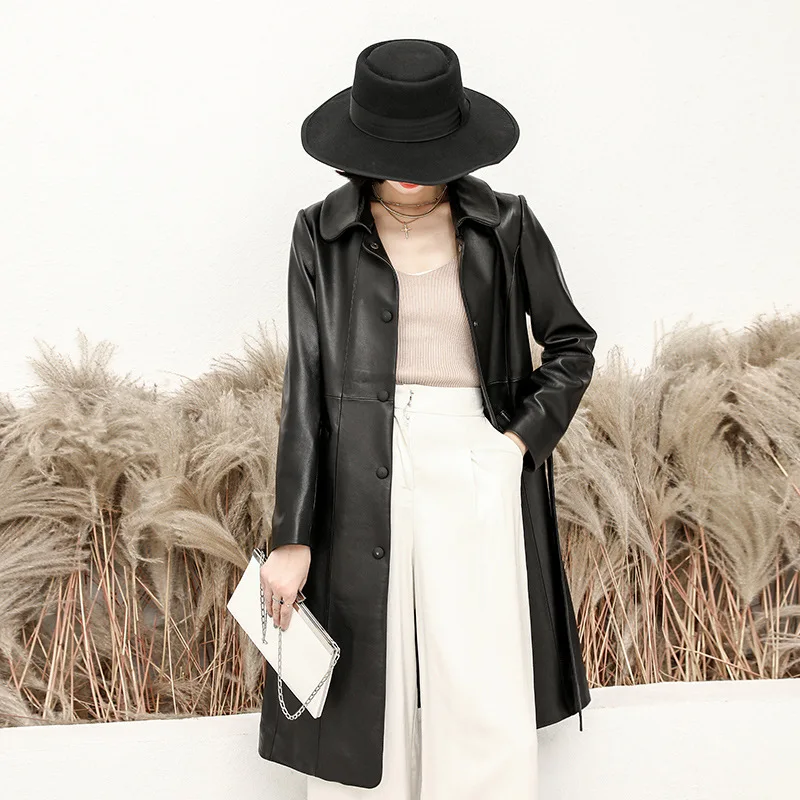 

Корейская Длинная женская кожаная куртка на весну и осень, пальто из овчины, Модная тонкая куртка из натуральной кожи 2222 Pph486