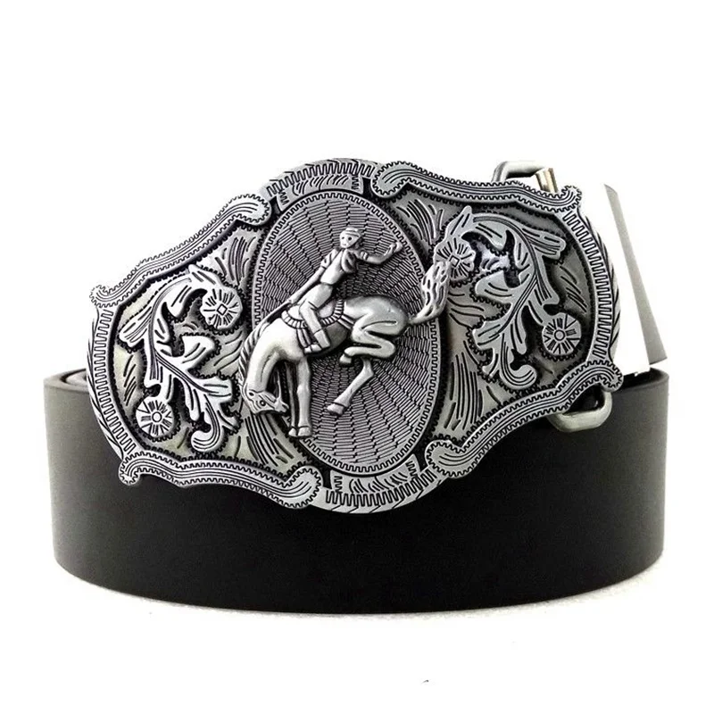 Black PU Leather Men Belt for Casual Jeans with Rodeo Horse Rider Cowboy Western Metal Belt Buckle Fashion Male Accessories Gift