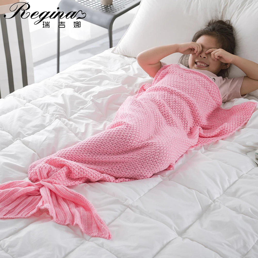 

REGINA Kid Crochet Mermaid Tail Blanket Super Soft Knitted Children Mermaid Blanket For Sofa Bed Cashmere Feel Warm Blanket
