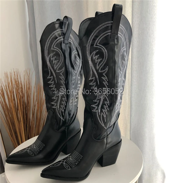 Qianruiti Black White Blue Red Embroidered Leather Botines Mujer 2019 Autumn Winter Shoes Women Western Cowboy Long Riding Boots | Обувь