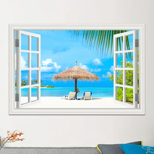 Beach Landscape Wall Decal 3D Window Sticker For Bedroom Vinyl Art Blue Sea Living Room Home Decor Aesthetic Wallpaper Poster