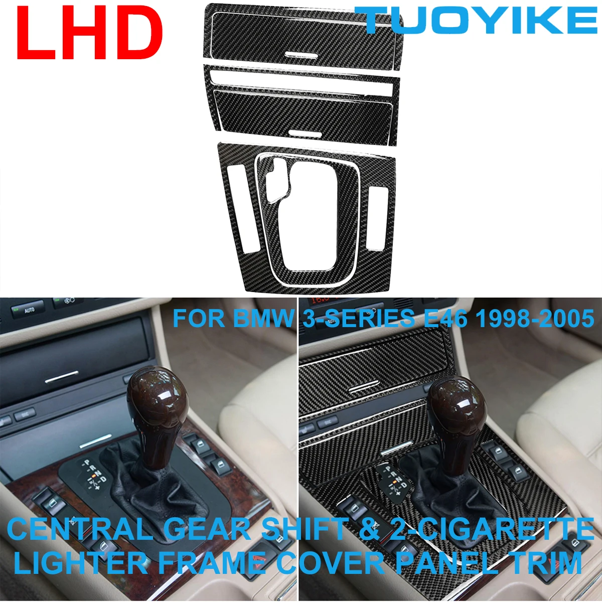 

LHD RHD Car Styling Carbon Fiber Central Gear Shift 2-Cigarette Lighters Frame Cover Panel Trim For BMW 3-Series E46 1998-2005