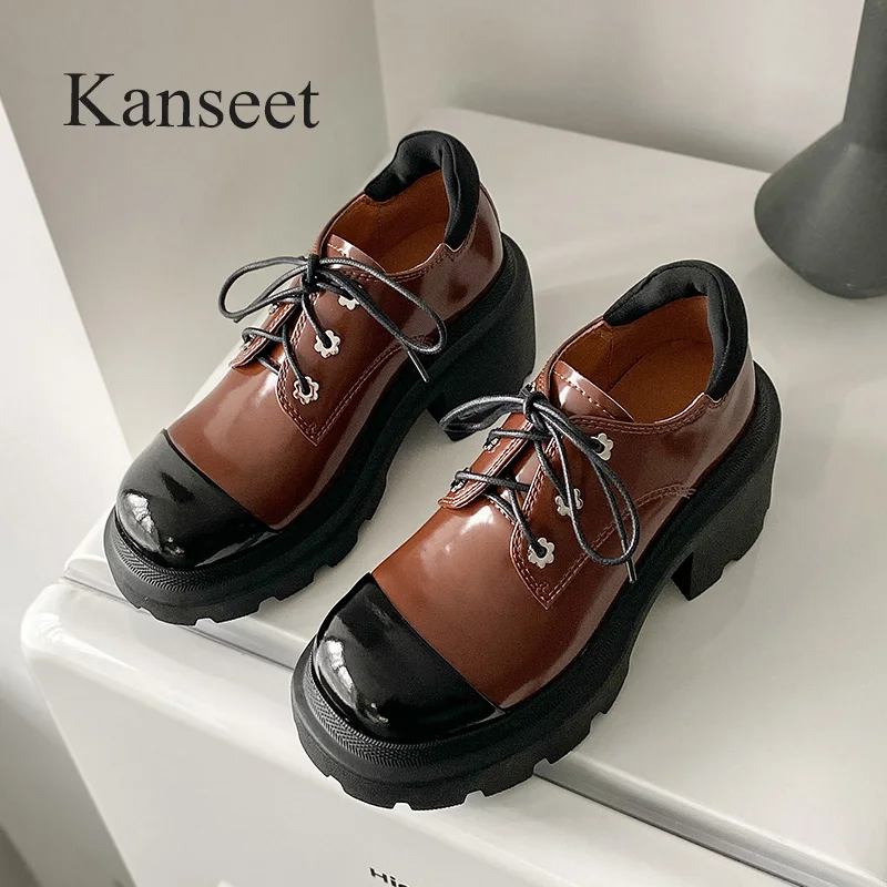 

Туфли Kanseet на платформе со шнуровкой, новинка 2022, весенняя женская обувь с круглым носком, Лоскутная обувь из воловьей лакированной кожи на м...
