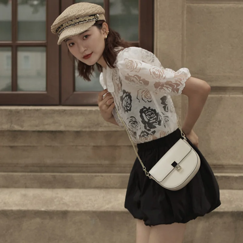 

Summer New Flowers Perspective Retro Woman Shirts Puff Short Sleeve Design Sweet Japan Style Cute Peter Pan Collar Woman Tops