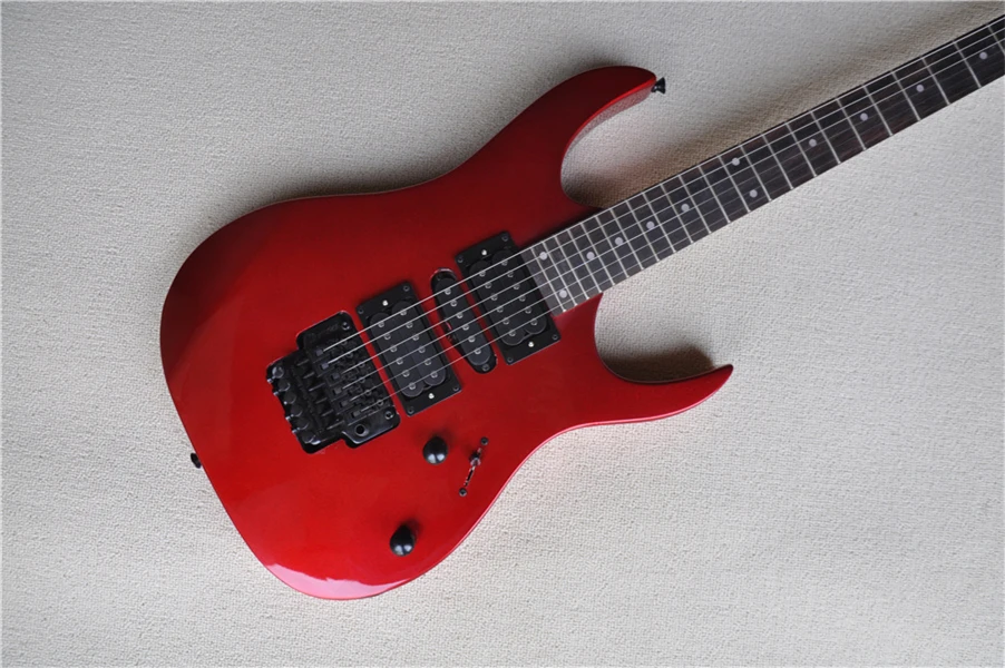 

free shipping custom 6 string metal red guitar,basswood body,tremolo bridge,HSH pickups,neck bolt on body,black buttons