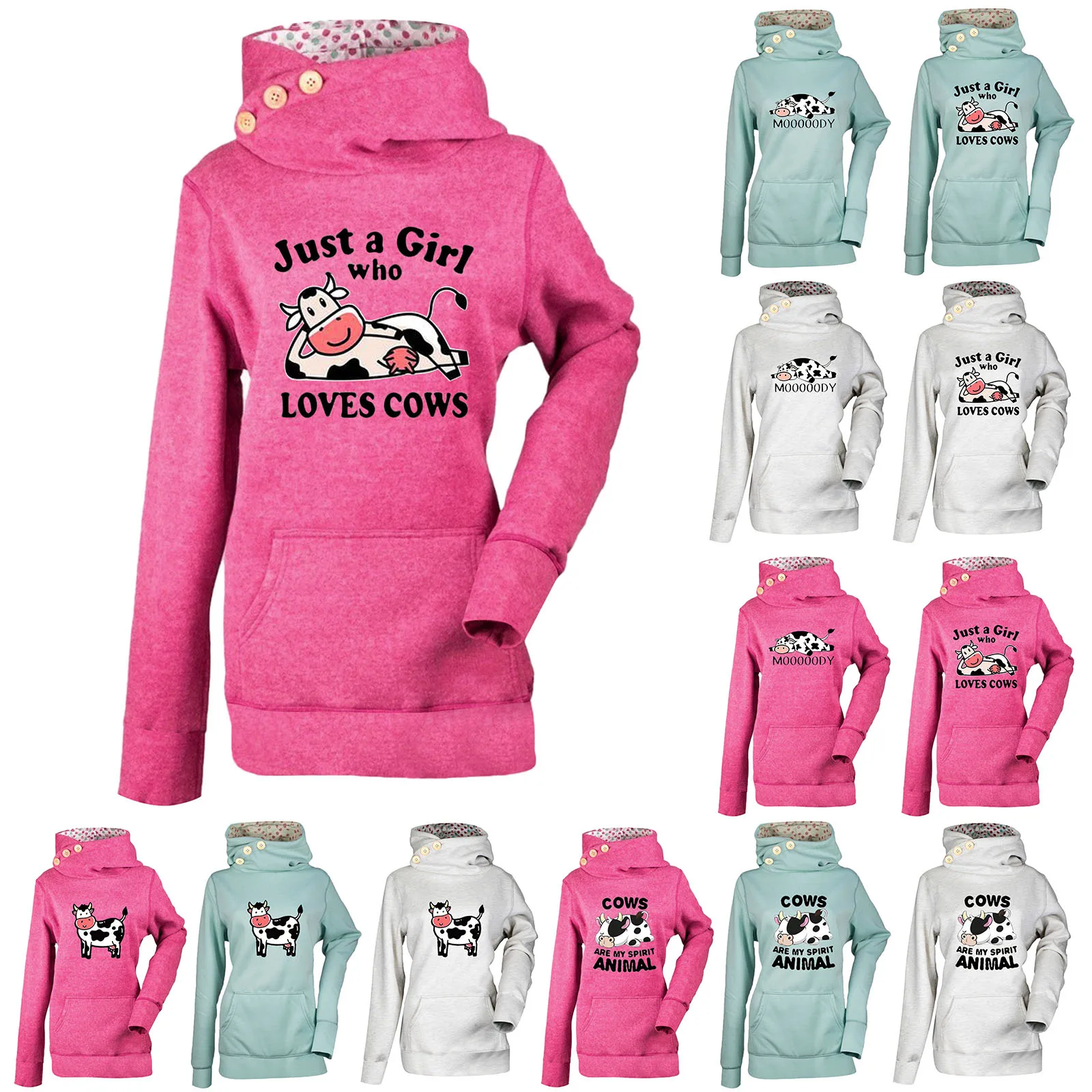 

Women's Clothing 2021 Autumn Winter Cow Printed Long Sleeve Sweater Women's Volleyball Button Hoodie Warm Fashion Clothes