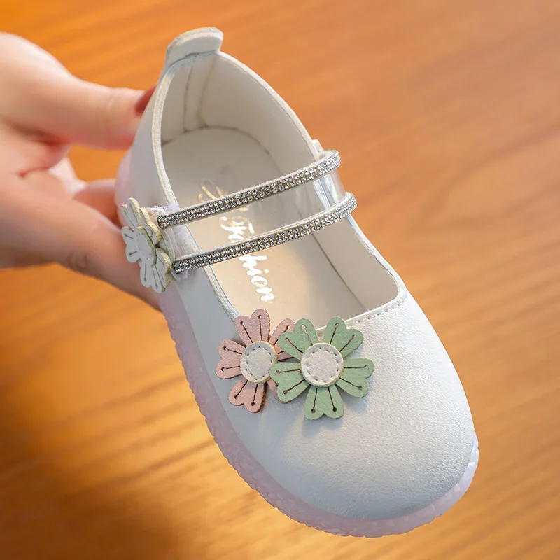 

2021 New Newborn Flower Children Kids Toddler Baby Leather Shoes Girls White Pink Flat Party Wedding Dress Shoes Velcro Shoes