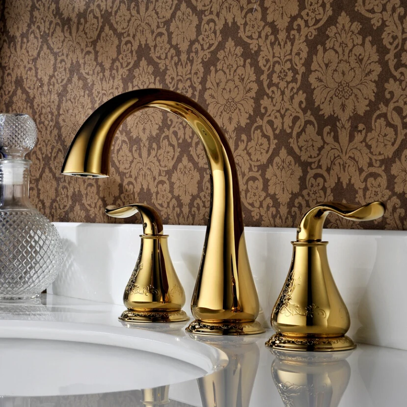 

Full copper imitation of European classical double three-hole split hot and cold taps basin carved gold-plated factory outlets