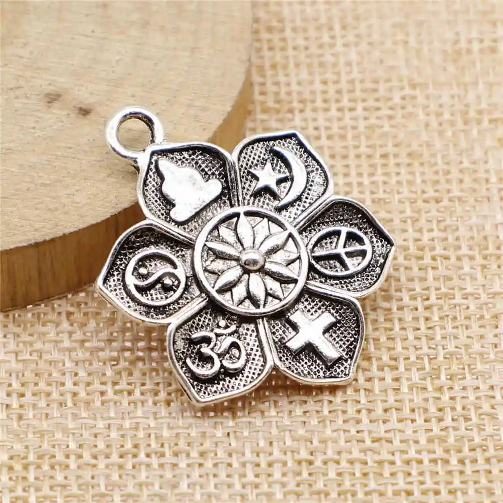 

Jewelery Pendants Making Charms For Jewelry 4pcs Religion Buddha Cross Om Taoist Peace Islam Charms 28x36mm Antique Silver