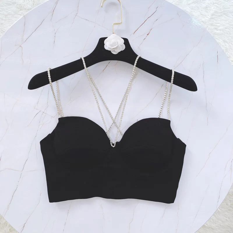 

Women 2021 Summer Beading Camisole Sexy Short Spaghetti Strap Tops Double Shoulder Straps Outer Wear Female New Black Bts Tops