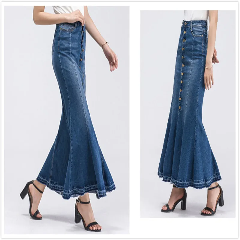 Plus Size XS-8XL Women Denim Skirt Saias Trumpet Mermaid Skirt Spring Autumn Jeans Bodycon Maxi Long Skirts Ropa Faldas Cortas
