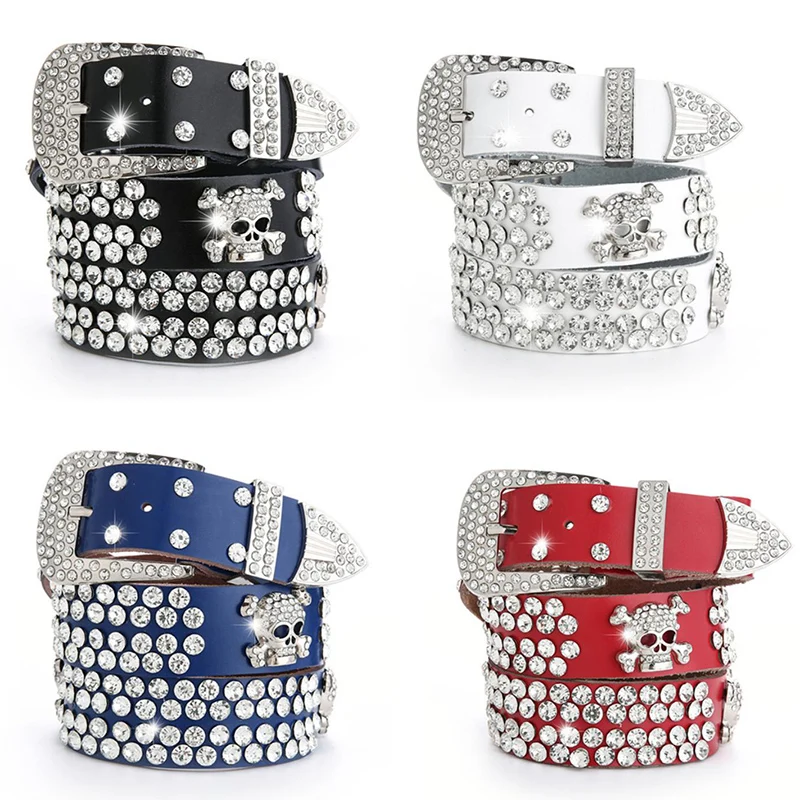

High Quality Cow Skin Strap Wide Buckle Belt For Women Woman Vintage Rhinestone Skull Belts Female Waistband For Jeans Dress