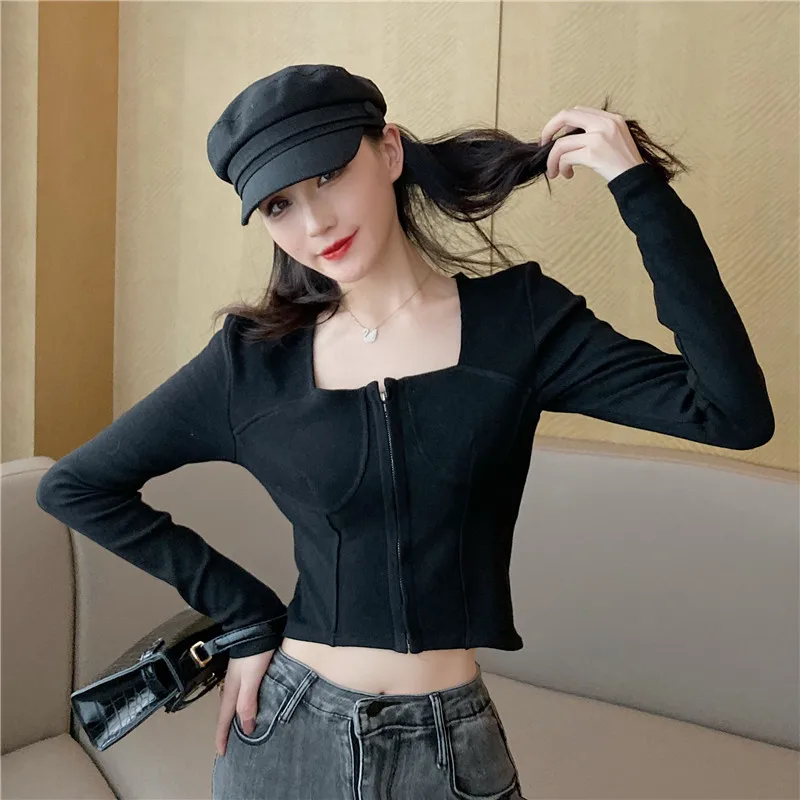 Zipper Knitwear Square Collar Shirt Slim Sweater Fashion Button Long Sleeve Bottoming Knit Tops Cropped Shirts Female Gray/Black |