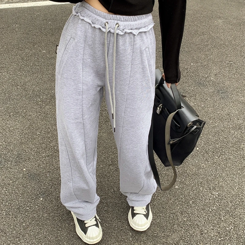 

Женские однотонные брюки на завязках, женские повседневные Прямые брюки с широкими штанинами, 2022 Весенняя уличная одежда