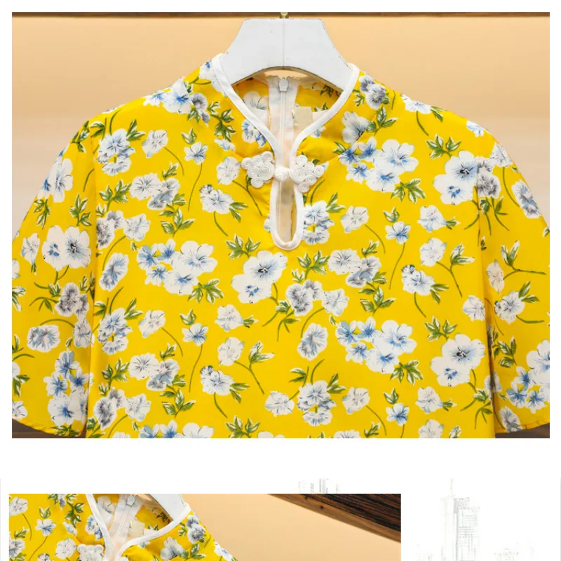 

Bebovizi Plus Size M-4XL Yellow Short Sleeve A-line Women Midi Dress Summer Chinese Style Cheongsam Dresses for Woman Qipao