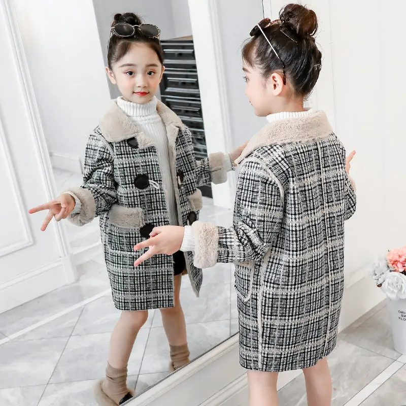 

Baby Girl Autumn Winter New Arrival Wool Coat Fashion Long Sleeve Plaid Single-breasted Outwear High Quality Long Fur Coat 4-13Y
