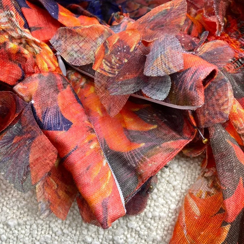 

2021 New Summer Women Fashion Red Leafs Print Feather Tassel Long Lantern Sleeve Mini Dresses High Quality