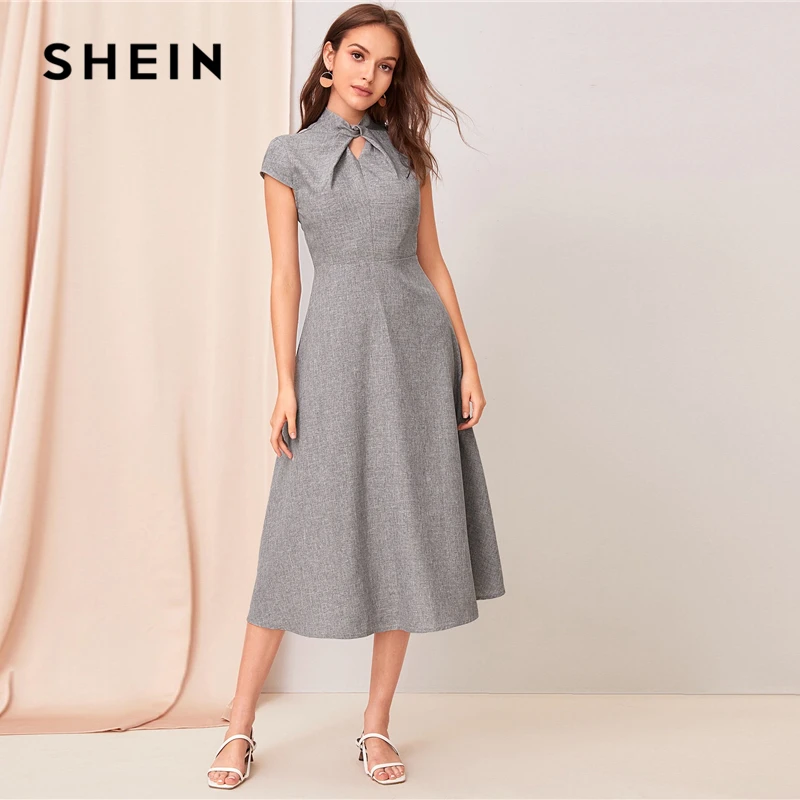 SHEIN, серое, с вырезом, с закручивающимся спереди, с коротким рукавом, расклешенное длинное платье для женщин, летнее, с воротником-стойкой, на молнии, сзади, элегантное платье трапециевидной формы