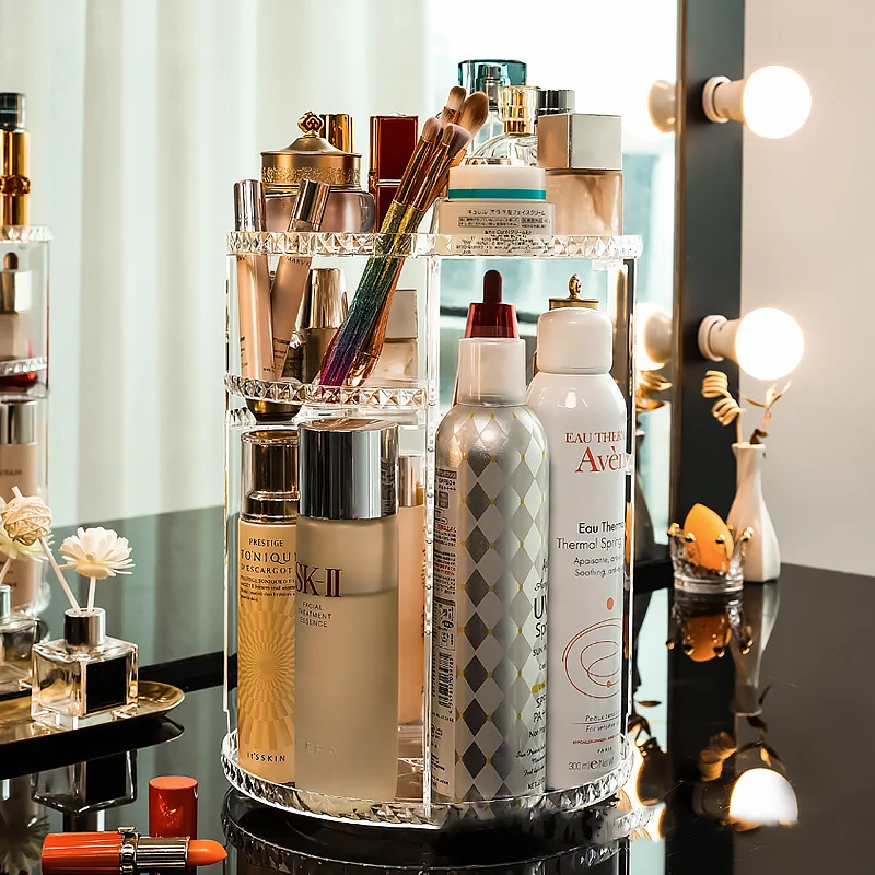 Caja de almacenamiento de cosm&eacute;ticos giratoria de 360 grados, organizador de maquillaje, estante de almacenamiento de cosm&eacute;ticos, soporte de exhibici&oacute;n de cristal helf-1