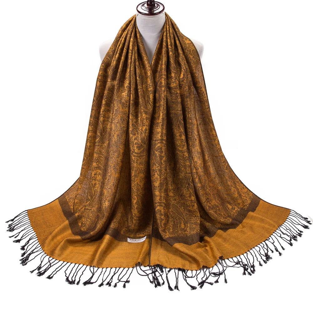 Women Lady Fashion Pashmina Silk Scarf Shawl Stole With Tassel Fringes Paisley Border Pattern Clean Finish Luxury Good Gift |