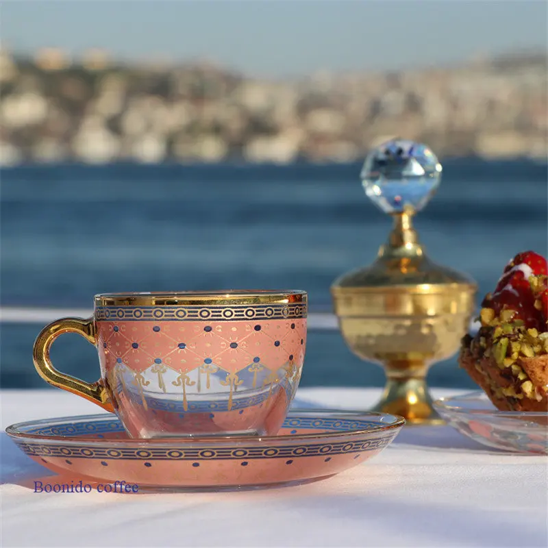 

Glass Coffee Tea Milk Cups & Saucers Kitchen Drinkware Utensils Wedding Gifts Box Packing Birthday Present Turkish Style 80ML