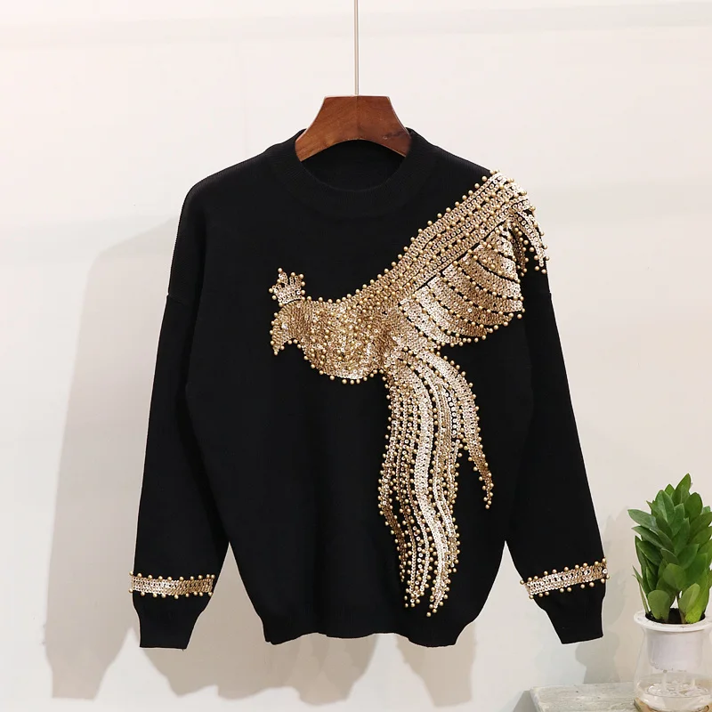 Winter Autumn 2020 Knitted Women Tracksuit 2 pieces Set Pearls Phoenix Sweater Knit Pants Black Casual Two Piece |