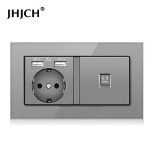 Jhjch EU standard wall socket + TV phone, gray tempered glass rj45 cat6 wall socket computer Internet 146*86mm