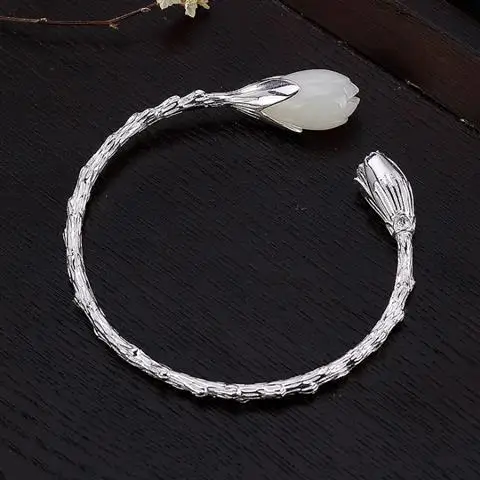 

S925 Sterling Silver Inlaid Hetian Jade Orchid Open-Ended Bracelet Women's White Magnolia Bracelet Personality Simple Sterling S
